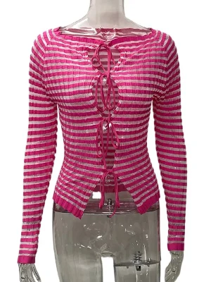 Stripe Knitted Tie-Front Long Sleeve ...