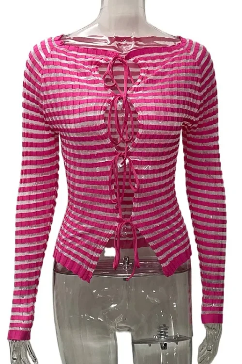 Stripe Knitted Tie-Front Long Sleeve ...