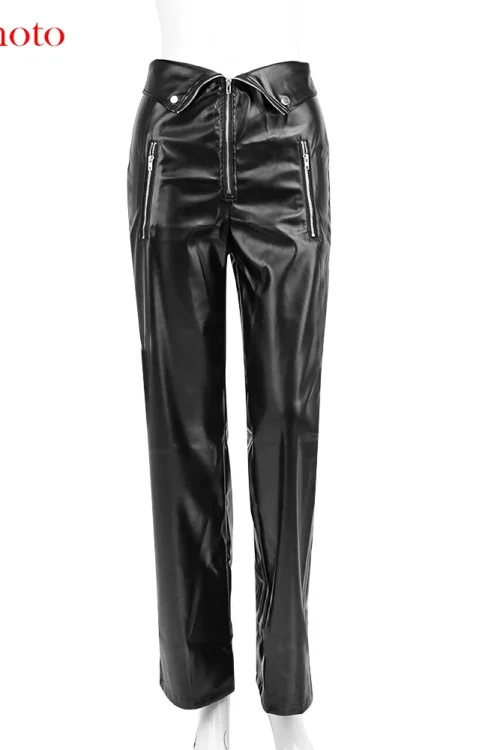 Chic Leather High-Rise Zip-Up Pants: ...