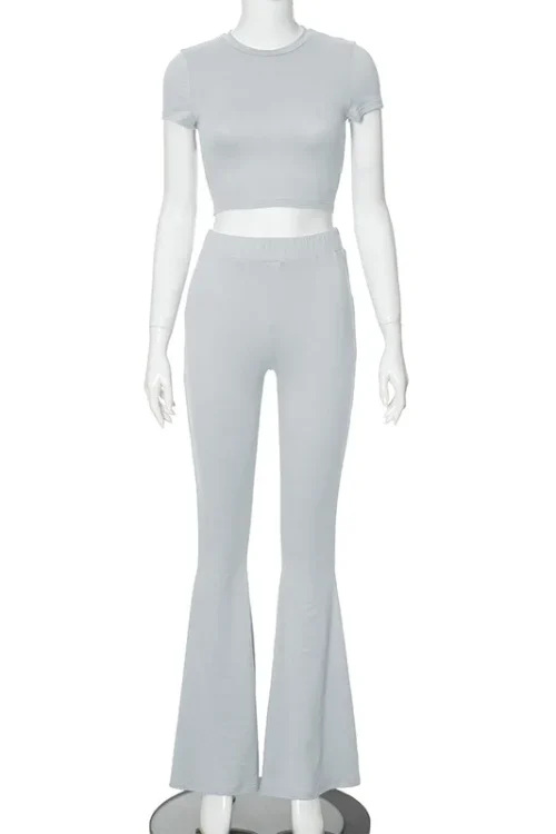 Grey Casual 2-Piece Set – Cropped Top & Flare Pants