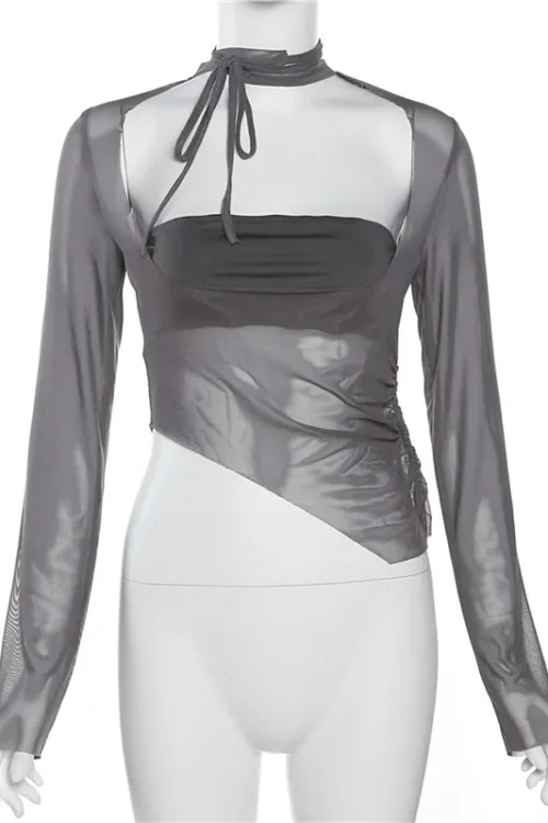 Fashion Mesh Sheer Halter Top – Square Collar, Short Sleeve, Y2K Club Party Streetwear