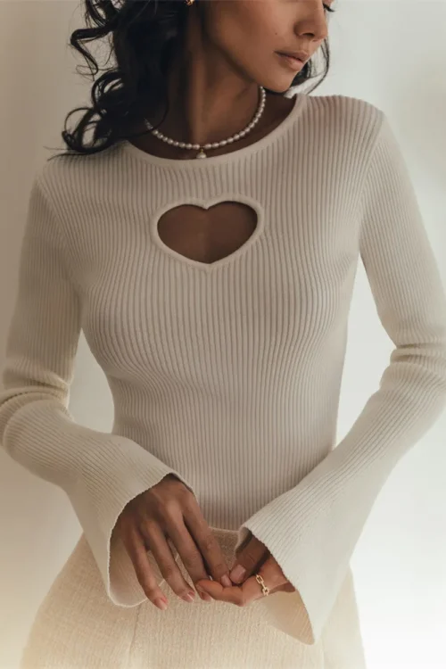 Heart Cut Out Ribbed Knit Top – Flare Sleeve, Slim Fit, Fall 2023 Fashion