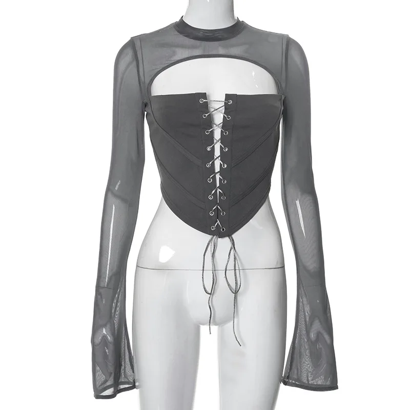 Cryptographic Lace-Up Bandage Corset Top – Sexy Mesh Sheer Flare Sleeve