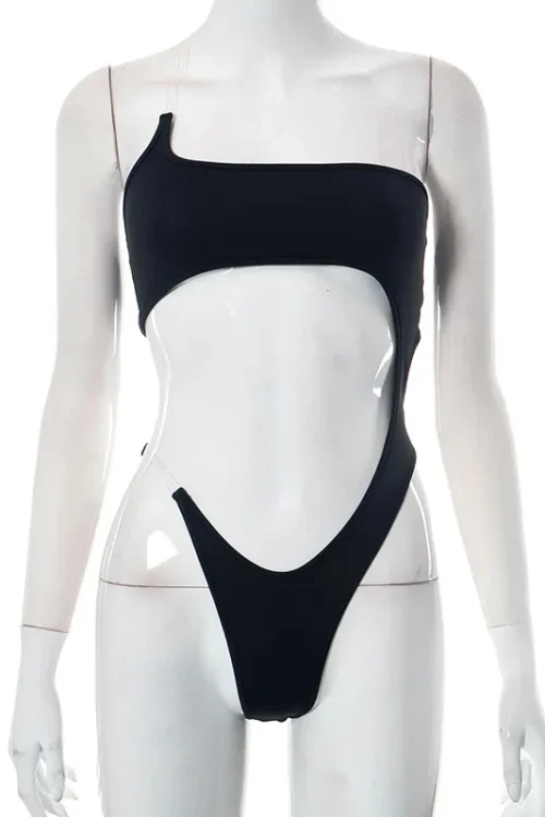 Sleek and Sexy, Cryptographic Black Cut-Out One Piece Swimsuit, Ideal for Fashionable Beach Days and Holiday Vibes