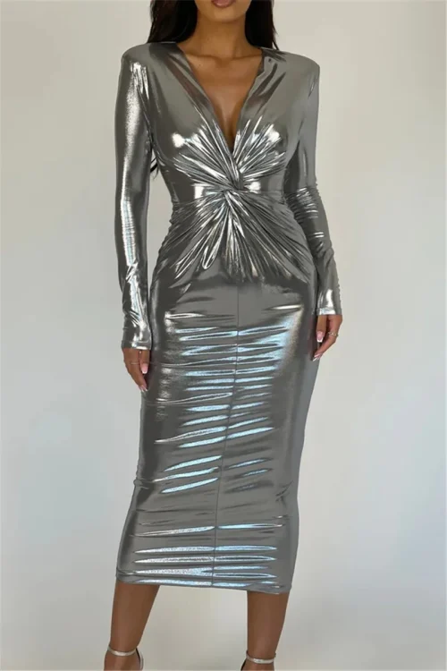 Elegant Deep V-Neck Ruched Maxi Dress...