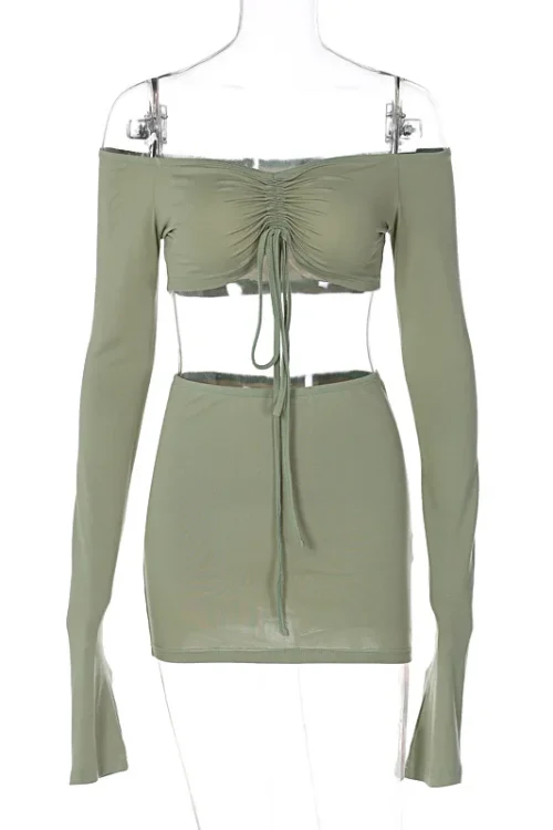 Cryptographic Green Drawstring Ruched Set – Sexy Tie-Front Top & Skirt Two-Piece Fashion Outfit