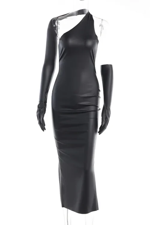 Asymmetric PU Leather Midi Dress &#82...