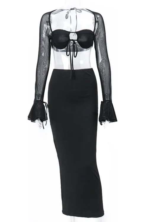 Cryptographic Mesh Sheer Ruched Two-Piece Set – Sexy Flare Sleeve Tie-Front Top and Skirt for Club Parties