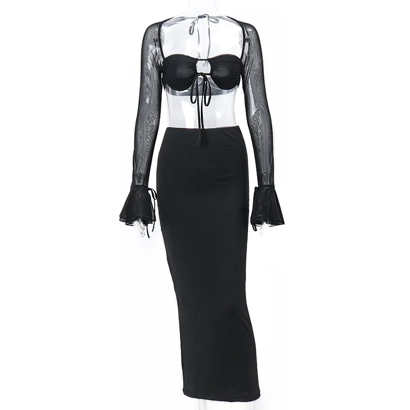 Cryptographic Mesh Sheer Ruched Two-Piece Set – Sexy Flare Sleeve Tie-Front Top and Skirt for Club Parties