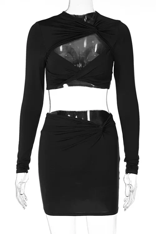 Elegant Long Sleeve Cut Out 2-Piece Set – Twist Crop Top and Skirt
