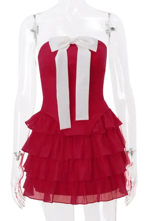 Cryptographic Elegant Bow Detail Strapless Two-Piece Set – Sexy Red Ruffle Top & Skirt Club Outfit