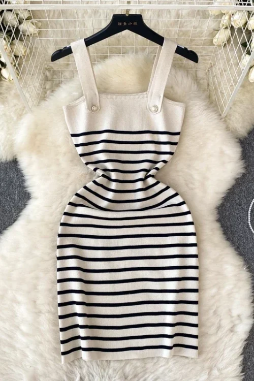 Striped 2024 Sexy Summer Knit Strap Dress: Beach Bodycon Midi