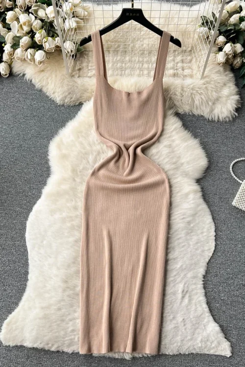 Summer Knit Backless Maxi Dress with Elastic Waist