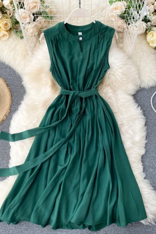 Vintage 2024 New Fashion: Solid Sleeveless Round Neck Dress with Sashes