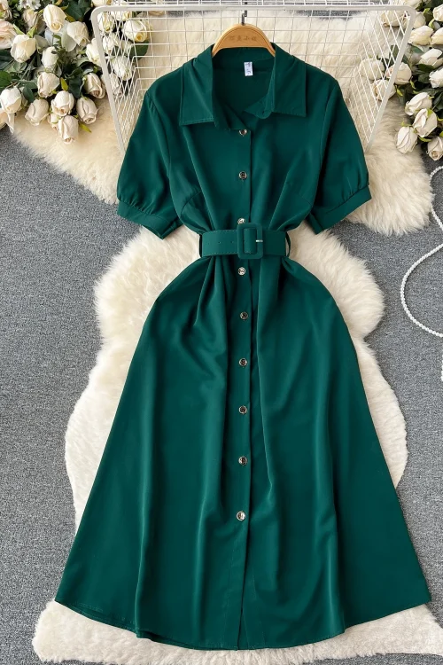 Vintage Turn-Down Collar A-Line Midi Dress
