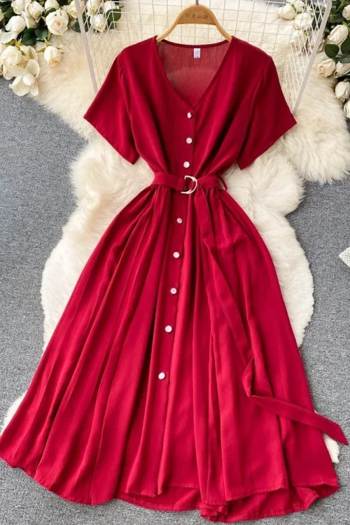 Vintage V-Neck Midi Dress: Elegant A-Line with Short Sleeves