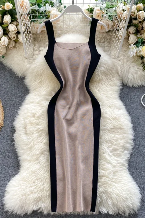 Summer Sheath Knitted Tank Dress: Sleeveless Bodycon Patchwork