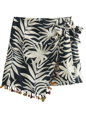 Leafy Charm: Vintage Tassel Mini Skirts with Sweet Bow Detailing for Chic Females