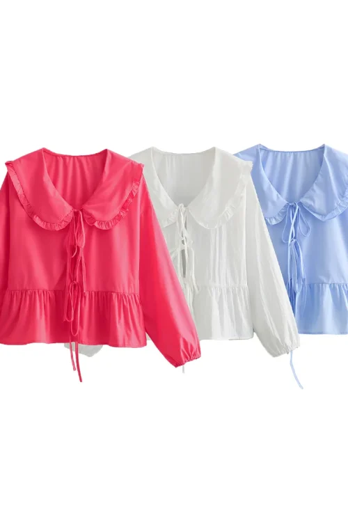 Charming Chic: Vintage Peter Pan Collar Blouses with Sweet Ruffles and Bow Buttons for Women’s Fashion