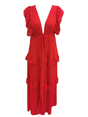 2024 Sexy Ruffles Beach Dress – See Through Bikini Cover Up – Hollow Out Lace Up Red Tunic Sarong for Women