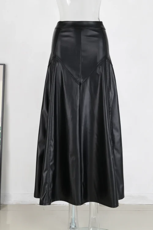 2024 New Black PU A-line Skirt – Bright Line, High Waist, Pleated Streetwear