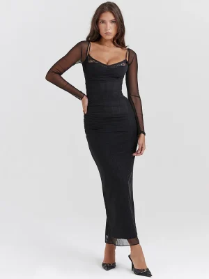 Sheer Long Sleeve Bodycon Maxi Dress ...