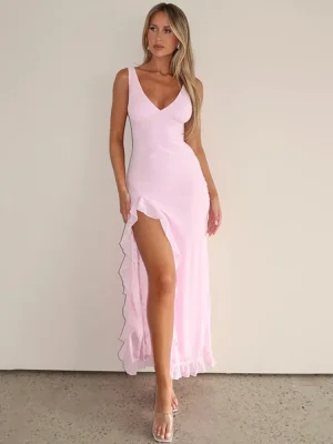 Elegant Sleeveless Ruffles Maxi Dress – Deep V Neck Backless Thigh High Split Party Dress