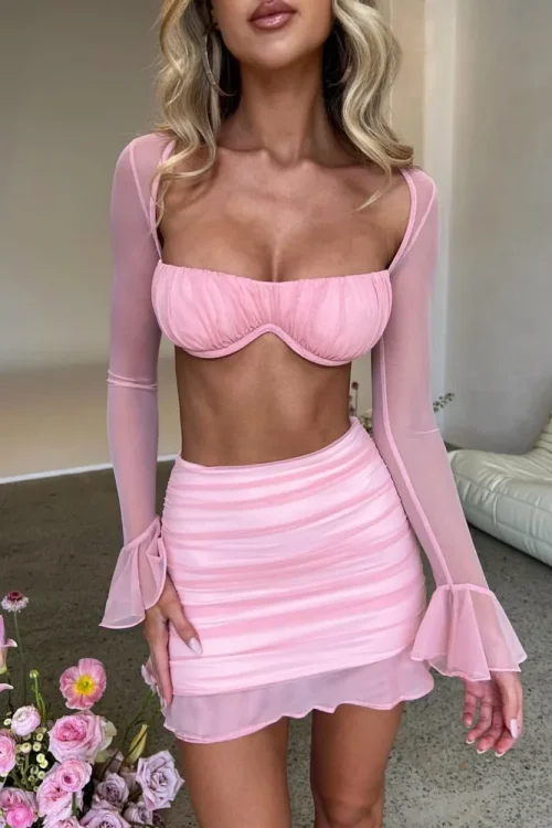 Mesh Sexy Two-Piece Set – Strapless Crop Top and Mini Skirt Matching Club Party Outfit