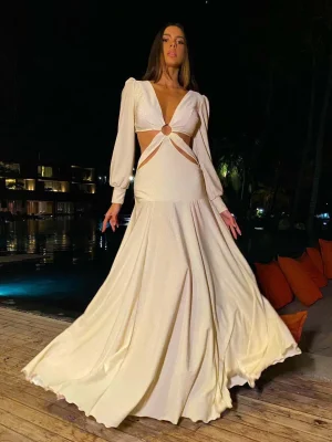 Sexy Deep V Long Sleeve Dress: Tie Up Summer Evening Wear