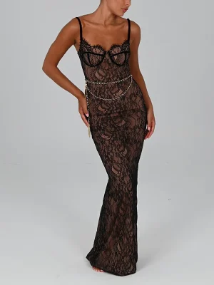 Elegant Lace Print Maxi Dress – Spaghetti Strap Sleeveless Backless Bodycon Party Dress