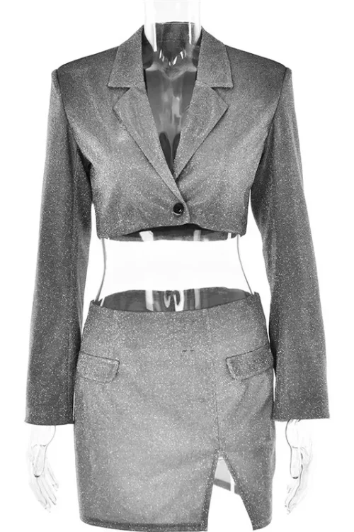 Sparkle Two-Piece Set – Stand Collar Blazer and Mini Skirt