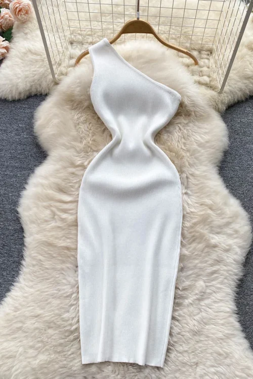 Sexy One Shoulder Knitted Bodycon Dre...