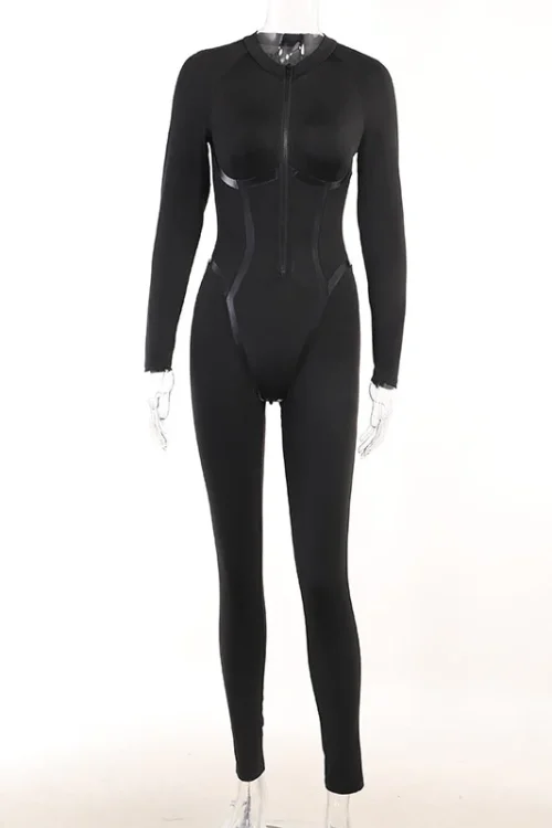 Black O-Neck Full Sleeve Jumpsuit with Zipper