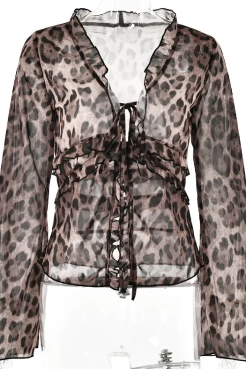 Leopard Mesh V-Neck Blouse with Flare Sleeves