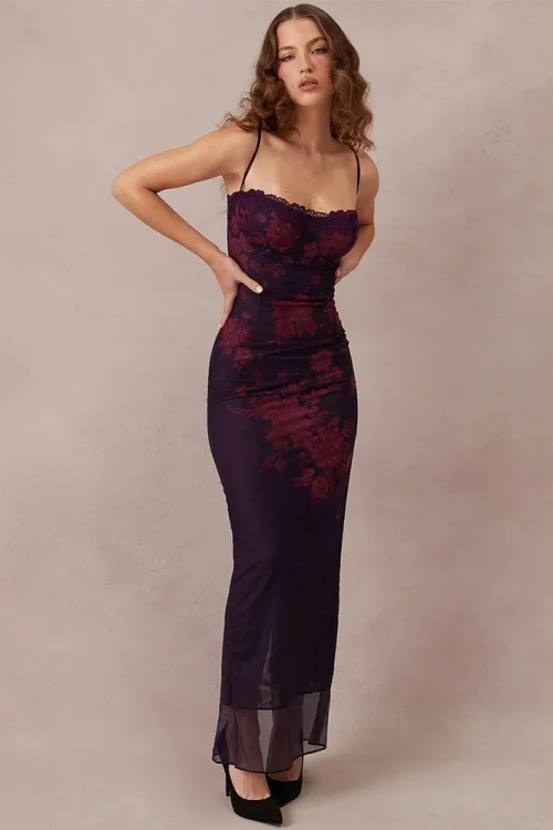 Purple Print Fishtail Maxi Dress &#82...