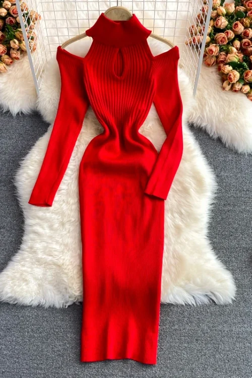 Sexy Cut-Out Shoulder Knitted Bodycon...
