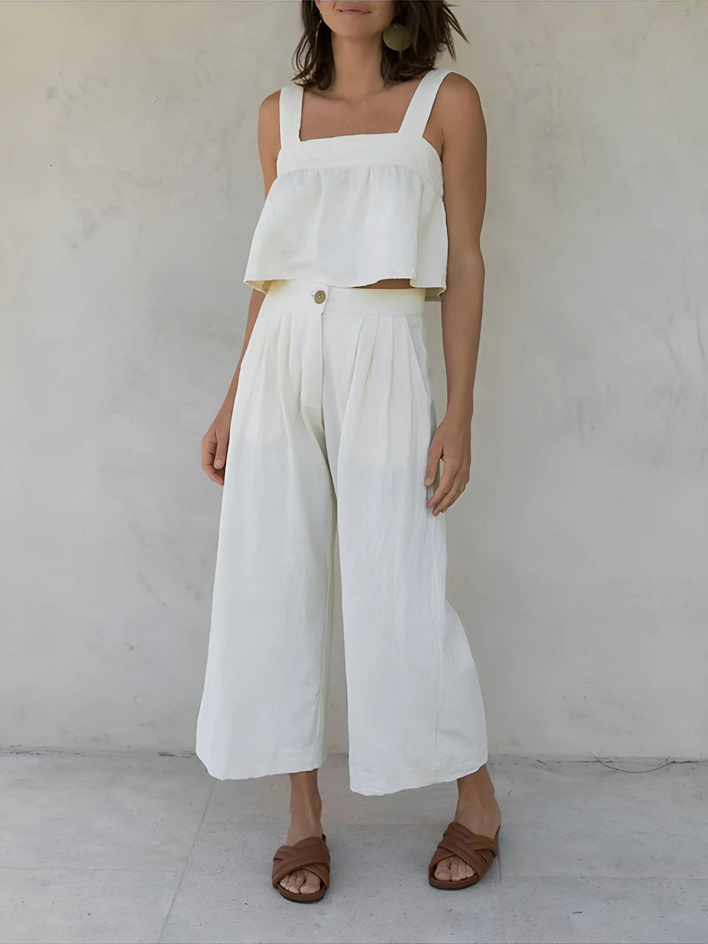 Elegant Two Piece Summer Set – Sleeveless Top & Wide Leg Pants for Women