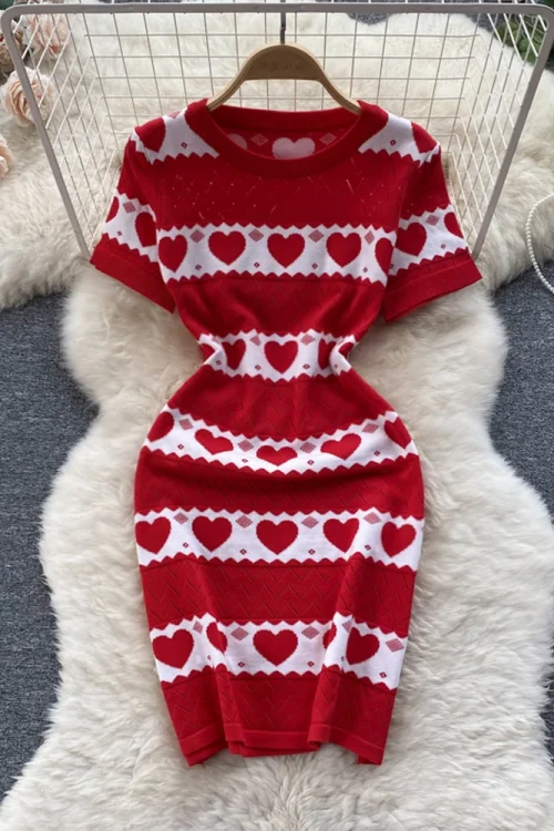 Romantic Heart Knitted Red Women Dres...