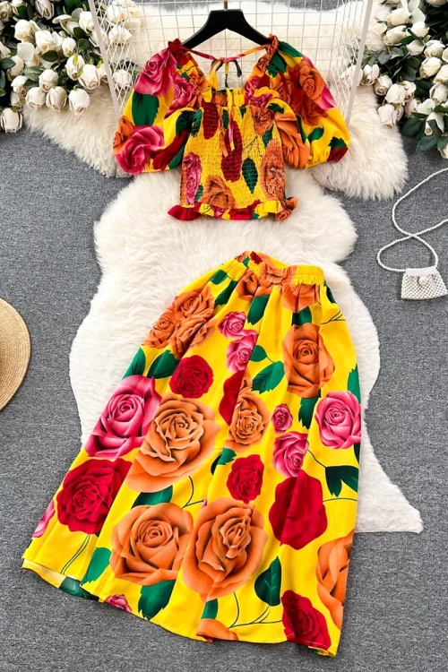 Women Dress Sets: Summer Floral Print Beach Robe with Puff Sleeve Crop Tops + High
