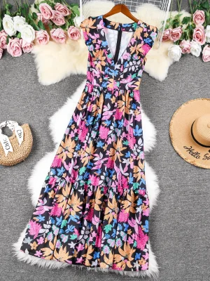 2024 New Ruffle Sleeveless V Neck Long Dress – Printed, Waist Slimming, Elegant Ladies Robe