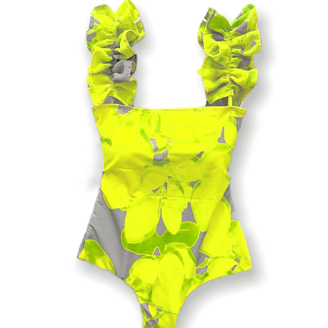 2024 Sexy Yellow Print Bikini Set – Ruffle Strap Brazilian Biquini for Beachwear