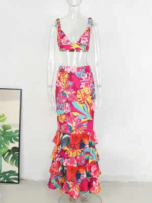 2024 Floral Print Two-Piece Summer Dress – Ruffled Sleeveless Long Pink Party Dress XL