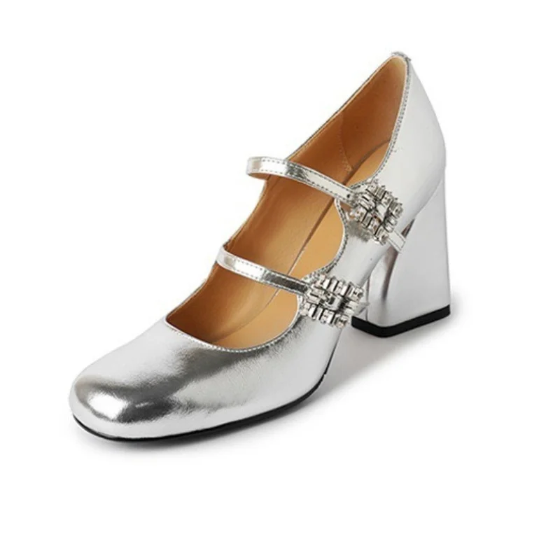 French Style Rhinestone Mary Jane Silver Chunky Heels – Square Toe Pumps for Women