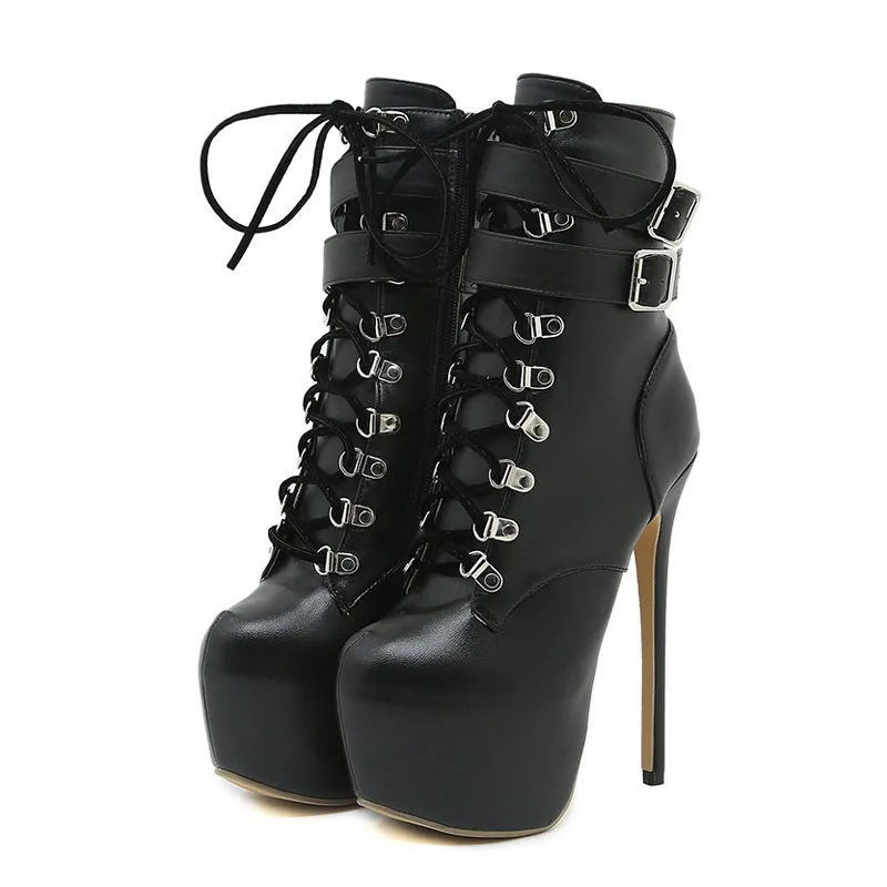 Sexy Buckle Strap 16.5 CM Extreme High Heels Platform Boots – Round Toe, Cross Lace-Up, Party Club Stripper Shoes