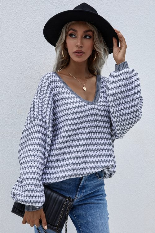 Stripe V-Neck Plus Size Knit Sweater