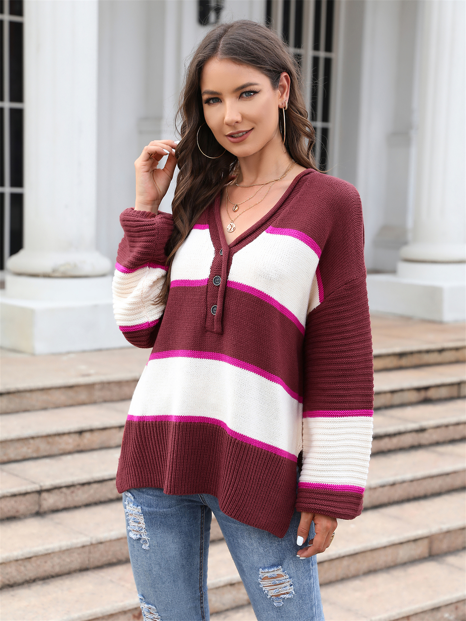 Patchwork V-Neck Slit Hem Oversized Sweater