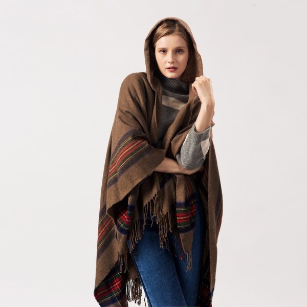 Ladies Thick Color Stripes Cashmere Shawl: Lengthened Hoodie Cloak for Warmth - Image 2