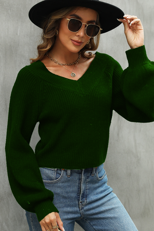 V-Neck Lantern Sleeve Office Sweater