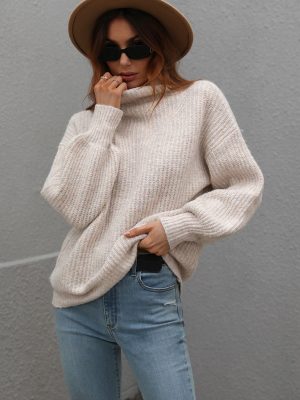 Solid Color Turtleneck Pullover Sweat...