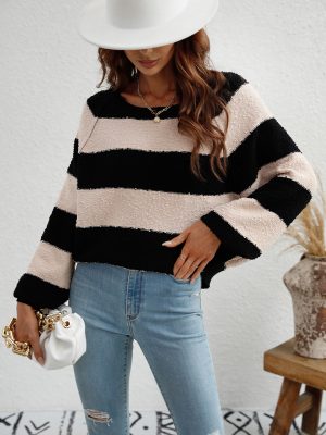 Color-Blocked Striped Loose Pullover ...